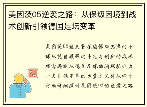 美因茨05逆袭之路：从保级困境到战术创新引领德国足坛变革